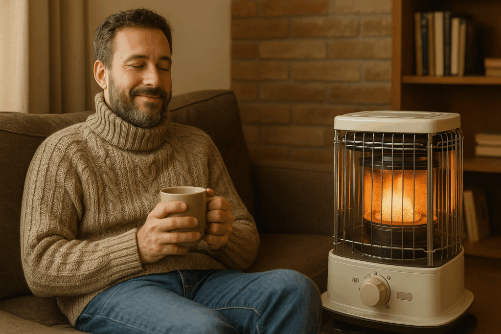 灯油ストーブの前でくつろぎ、温かい飲み物を手に微笑む男性。柔らかな照明と煉瓦の壁が演出する落ち着いた室内空間で、快適に過ごしている様子。