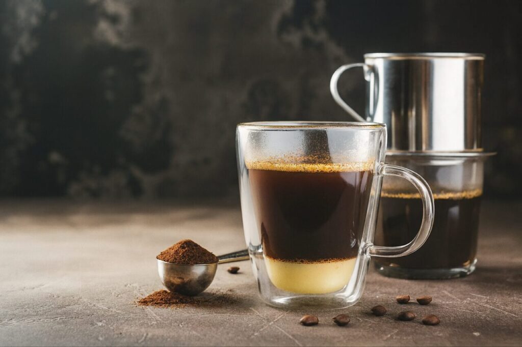 練乳が沈んだベトナムコーヒーをガラスカップで楽しむ。手前にはコーヒー粉を入れたスプーンと豆が散らばり、奥にはステンレスフィルターが置かれている。