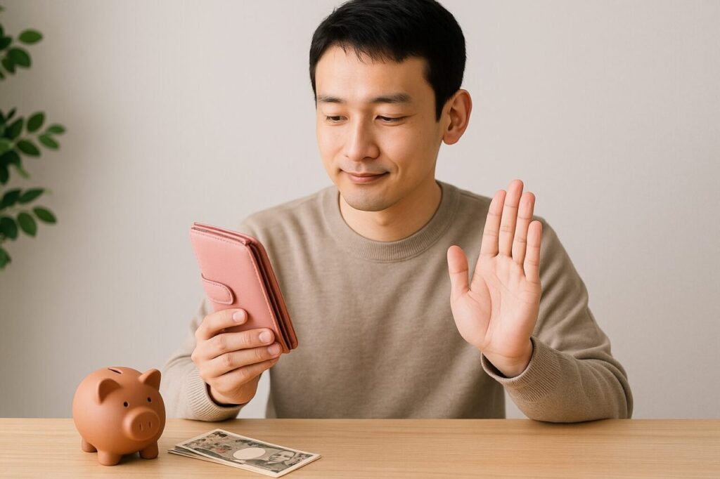 無駄遣いをやめ、穏やかな気持ちで財布を見つめる男性の手元。木のテーブルに豚の貯金箱と紙幣が置かれ、節約を意識した落ち着いた雰囲気。