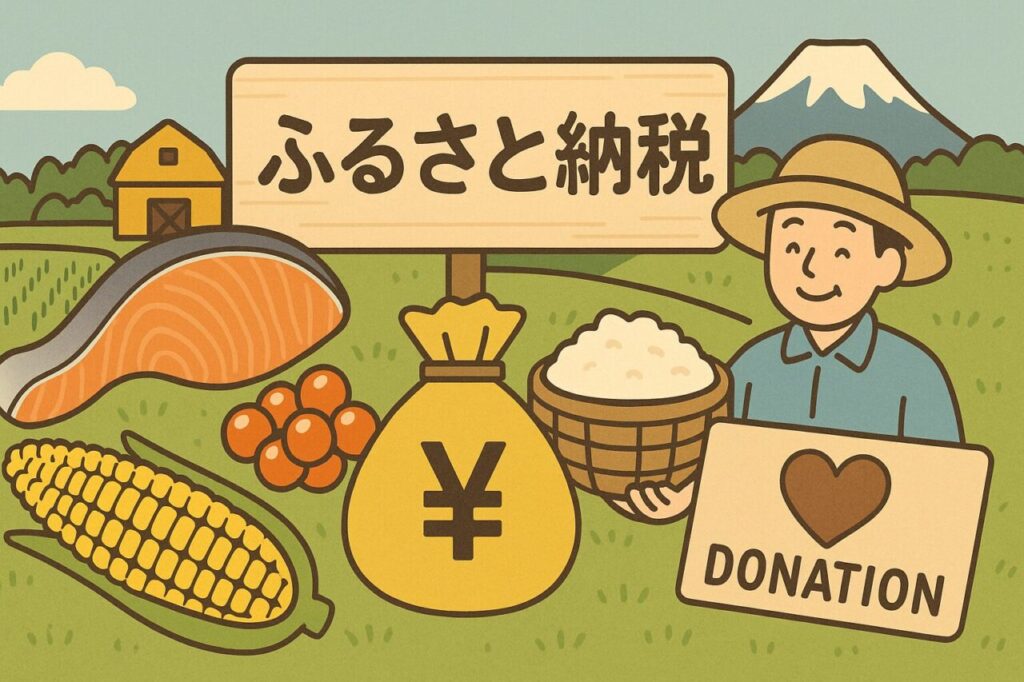 地方の農家と特産品を描いた温かみのあるイラスト。お米や鮭、トウモロコシなどの返礼品が並び、「ふるさと納税」と書かれた木の看板が立つ。背景には富士山と田園が広がる。