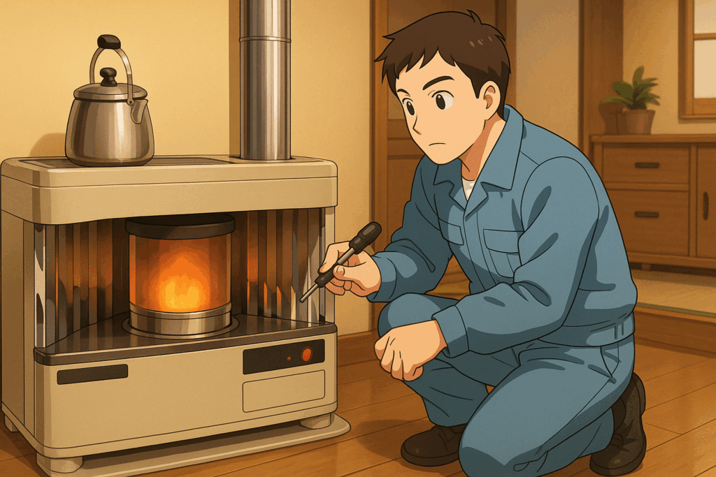 アニメ風のイラストで、30代くらいの若い男性作業員が水色の作業着を着てストーブを点検している。室内の和室でしゃがみ込み、ドライバーを持って慎重に確認作業を行う姿が描かれ、温かい照明が部屋全体を包んでいる。