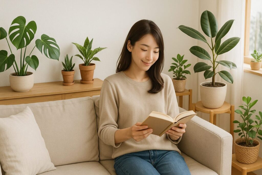北欧ナチュラルなリビングで観葉植物に囲まれながら本を読んでいる女性。やわらかな自然光が差し込み、木の家具とベージュのソファが調和した穏やかな空間。