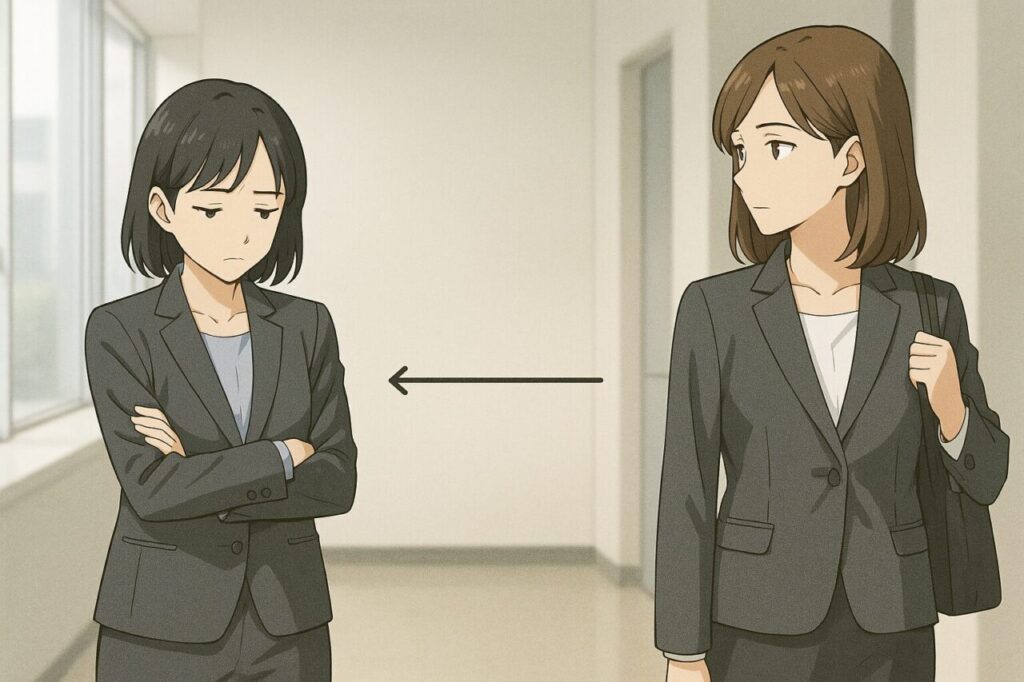 オフィスで先輩と距離を取っている社会人女性の様子。若手社員が静かに立ち、先輩は少し離れた場所から見ている。自然光が差し込む明るい廊下で、穏やかな空気感が漂う。