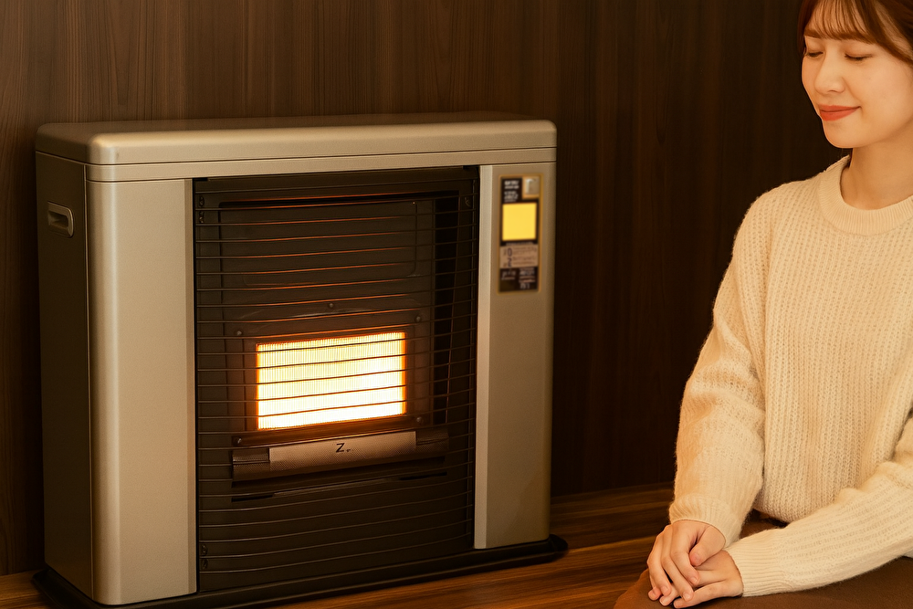 室内の壁側に設置されたFF式石油ストーブが暖かく稼働し、木目調の床と落ち着いた雰囲気の中で快適に過ごしている様子。