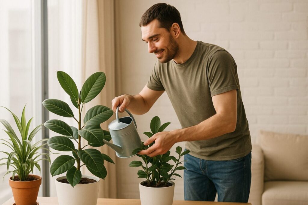 朝の光が差し込むリビングで、観葉植物に丁寧に水をあげる人の手元。木のテーブルと陶器の鉢が温かみを感じさせる。