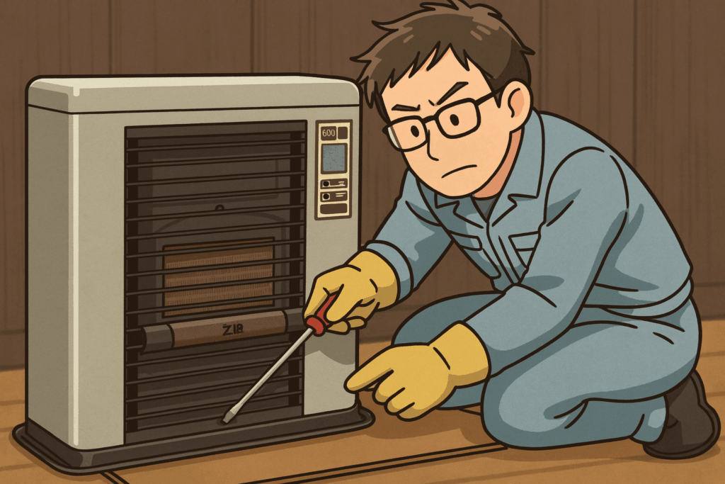 作業服を着た整備士が室内でFF式石油ストーブを分解し、ドライバーで点検・メンテナンスをしているアニメ風のイラスト。背景は木目調の壁で、落ち着いた温かみのある雰囲気。
