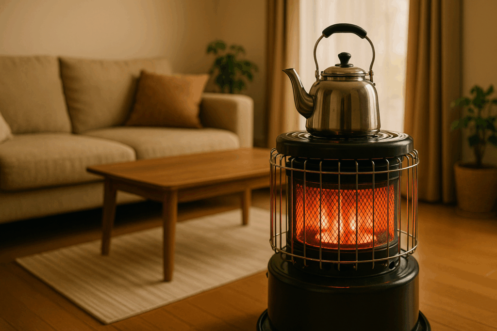 木製の床とソファがあるリビングで、対流式ストーブの上にやかんが置かれ、赤く灯る炎が部屋を暖かく照らしている。