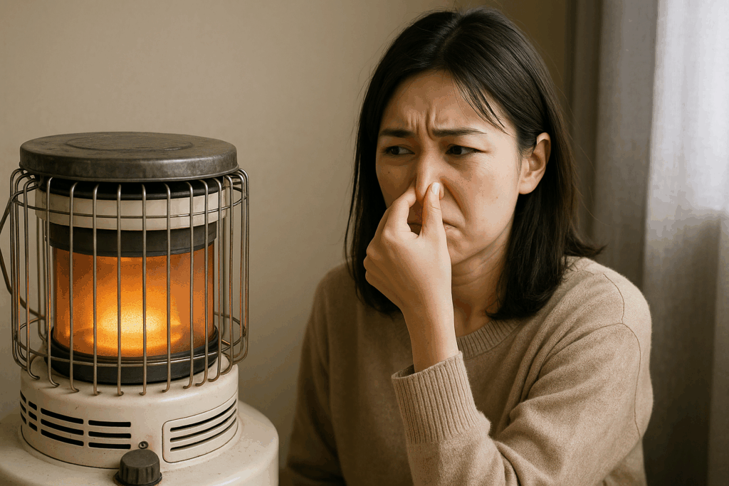 石油ストーブの前で鼻をつまみ、臭いに悩んでいる女性が不快そうな表情をしている様子。暖かな光のストーブと室内の雰囲気が伝わる構図。