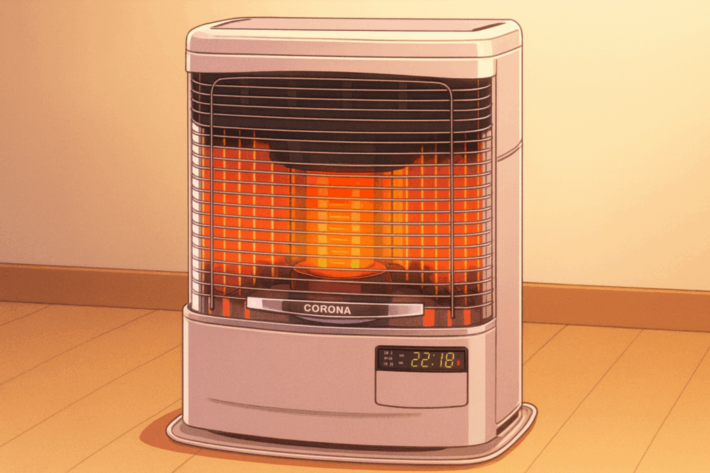 温かい光を放つアニメ風の石油ストーブが、木の床の上に置かれた室内で柔らかく輝いている様子。