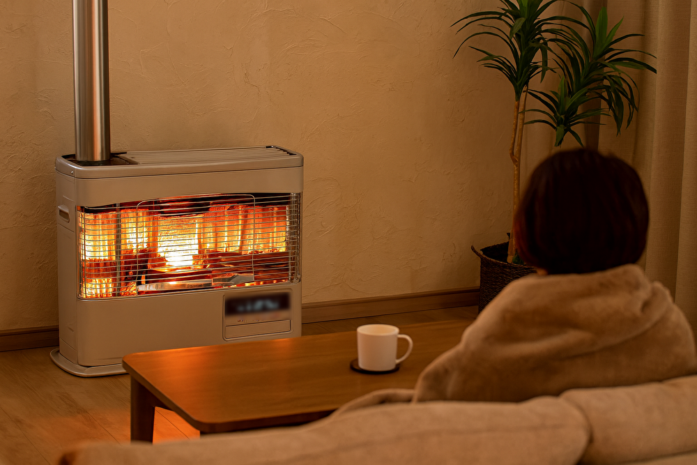 煙突式石油ストーブの暖かな炎が灯るリビングで、毛布に包まれた人がソファに座り、くつろいでいる様子。木のテーブルと観葉植物があり、落ち着いた雰囲気の室内。