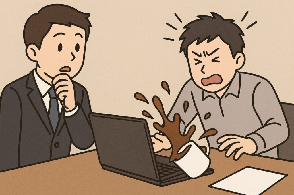 失敗してコーヒーをこぼした同僚を静かに見つめる男性のイラスト。落ち着いたトーンのオフィスで起きたハプニングの瞬間を描写。