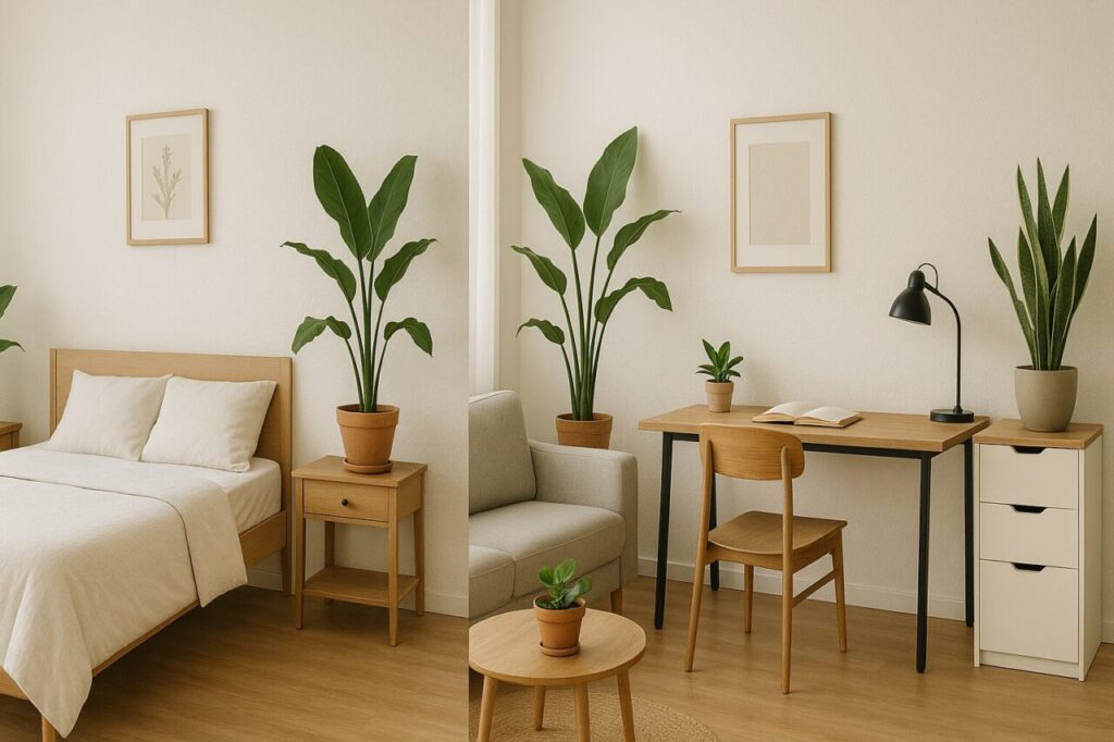 寝室とリビング、デスク周りに数鉢の観葉植物が置かれた明るく落ち着いた部屋の風景