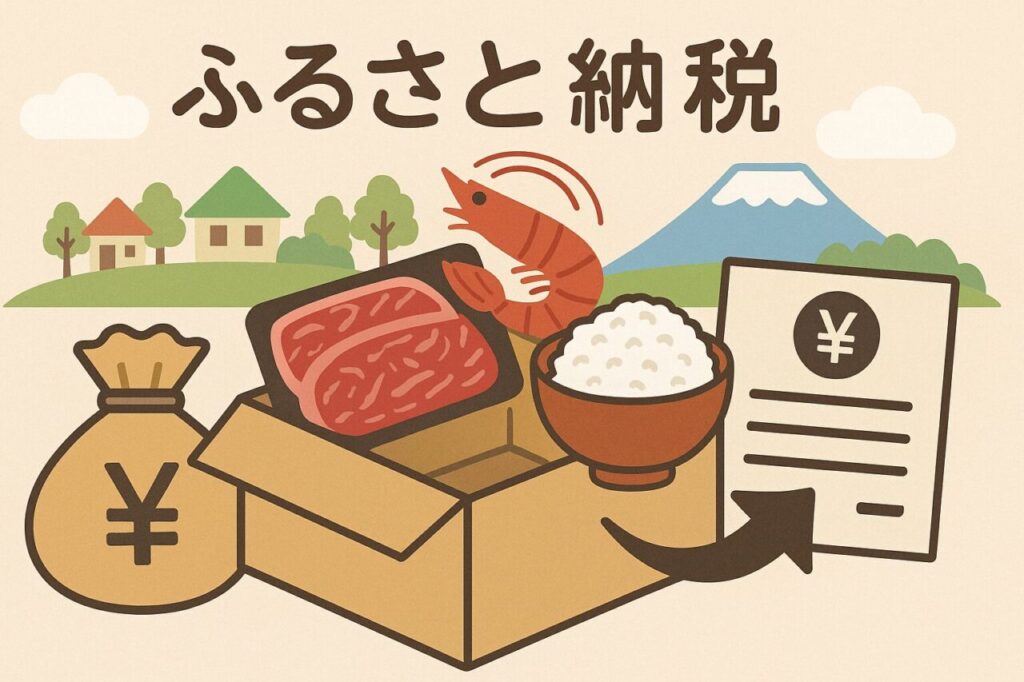 地方の特産品(お米・肉・エビなど)が入った箱と納税書類が並ぶ、ふるさと納税をイメージした温かみのあるイラスト。背景には家々と富士山が見える穏やかな風景。