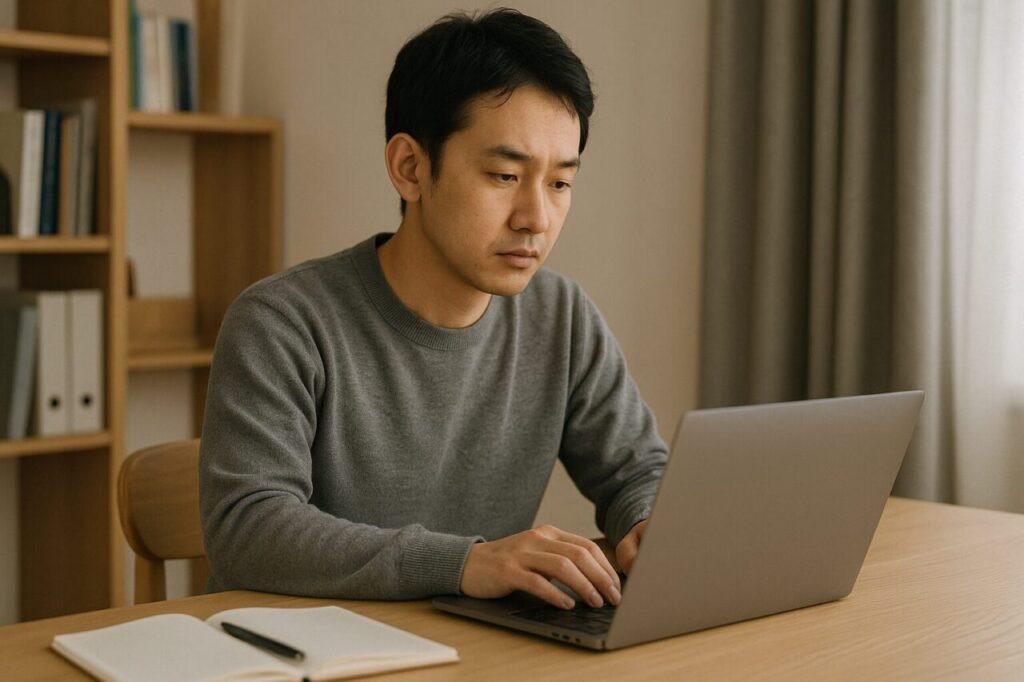 朝の自然光が差し込む部屋で、静かにノートパソコンに向かって作業する男性。木の机とノートが並び、落ち着いた雰囲気の中で淡々と努力を続けている様子。