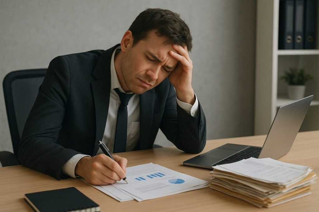 デスクで頭を抱えながら資料に向き合う男性の後ろ姿。書類が散らばる木の机と柔らかな自然光が、職場のストレスを静かに表している。