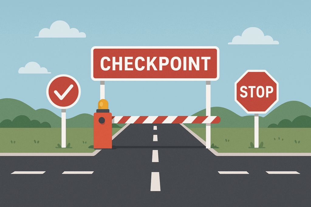 住宅設備の点検チェックポイントをイメージしたイラスト。道路上に「CHECKPOINT」と書かれた看板と停止バー、チェックマークやストップサインが配置された横長デザイン。