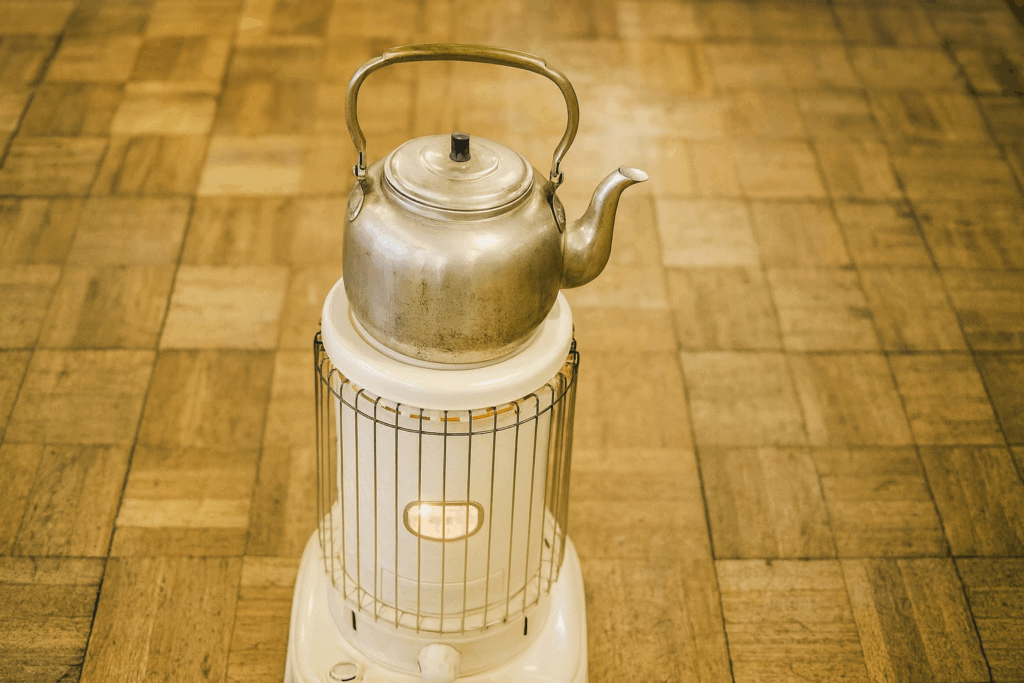 灯油ストーブの上に銀色のやかんが置かれている様子。木の床に温かい光が差し、どこか懐かしい雰囲気が漂う室内風景。