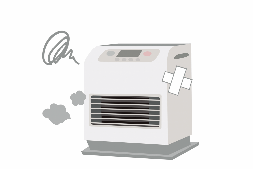 煙を出して故障している古い石油ストーブのイラスト。ストーブの側面にバツ印のテープが貼られ、経年劣化や寿命を感じさせるデザイン。