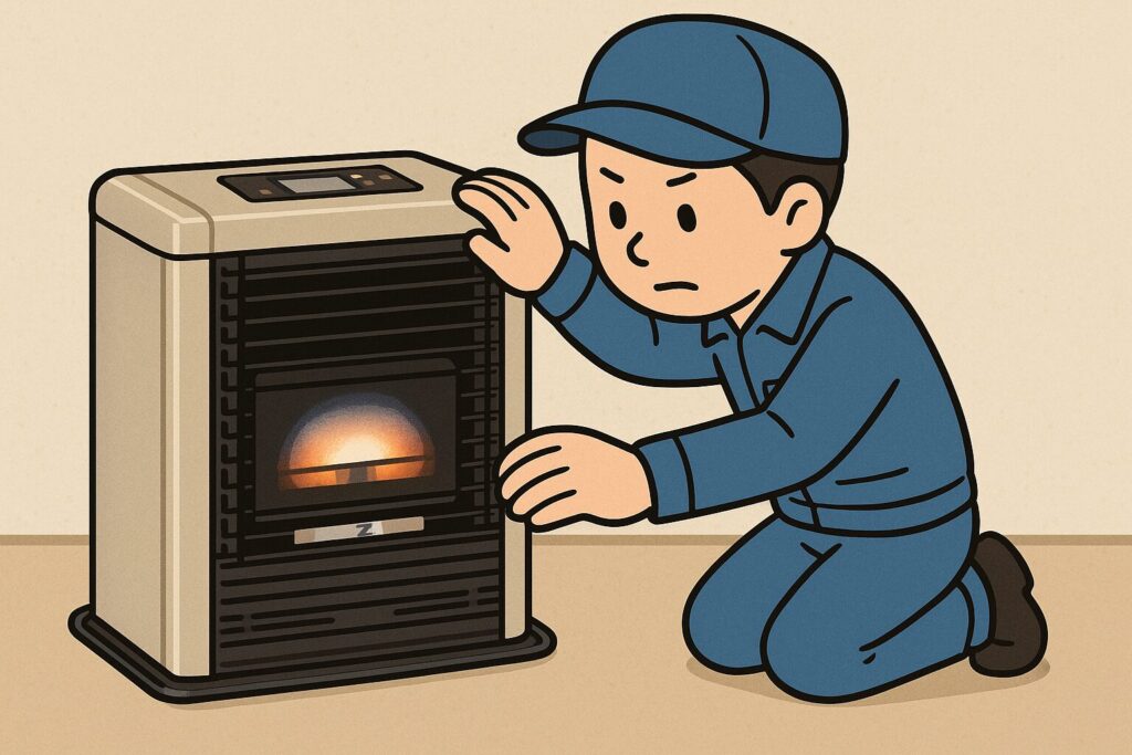 作業員が室内用の石油ストーブ前面を素手で点検している様子を描いたイラスト