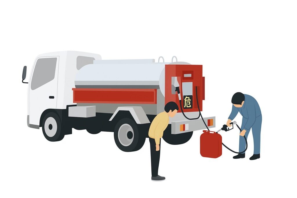 灯油配送車から赤いポリタンクに安全に給油している様子を描いたイラスト。作業員がノズルを操作し、もう一人が見守っている現場の風景。