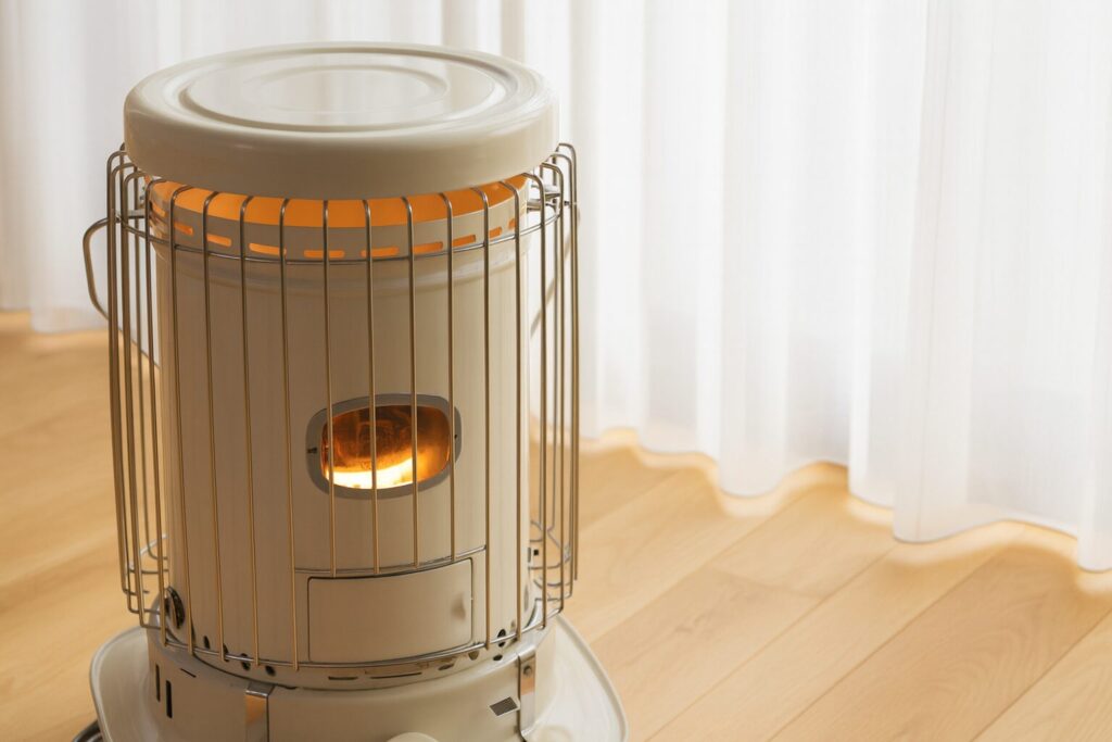 室内の床に置かれた円筒型の対流式ストーブがやわらかい光を放ち、背後の白いカーテンと木目の床が暖かい雰囲気をつくっている様子。