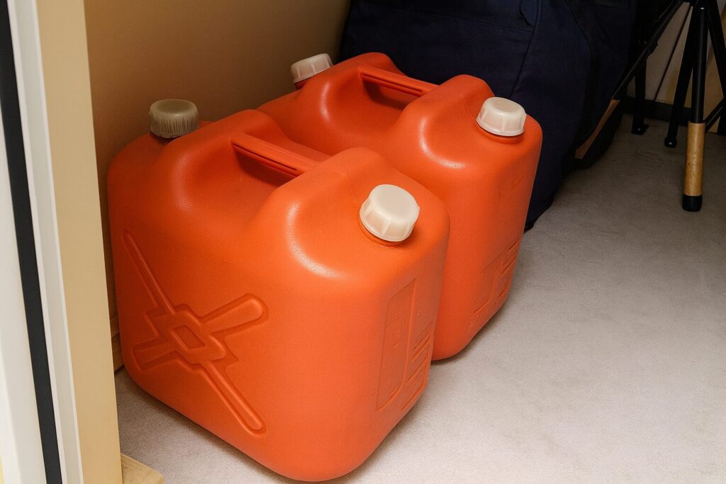 収納スペースの床に並べて置かれた、ふた付きのオレンジ色の灯油ポリタンクが2つ映っている様子。