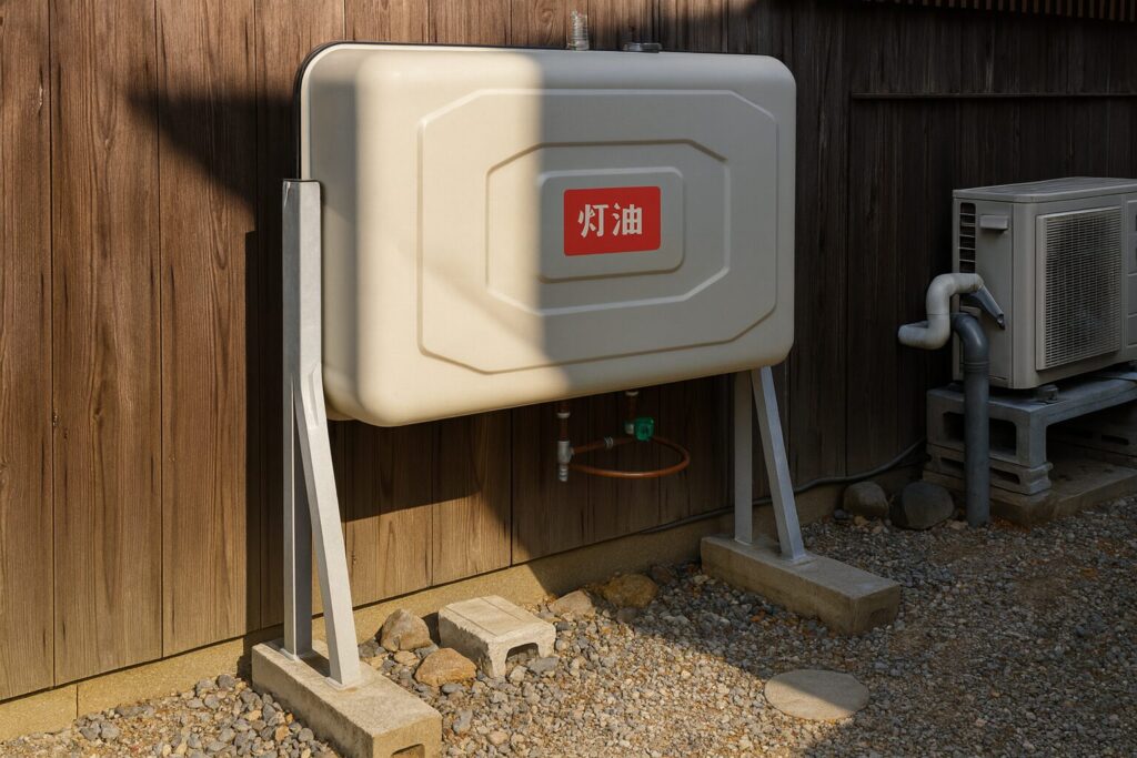 屋外の木壁の前に設置された家庭用の灯油タンクが、金属製の支持脚の上に固定されている様子。タンク下部には給油口と配管が見え、周囲には砂利やコンクリートブロックが置かれている。