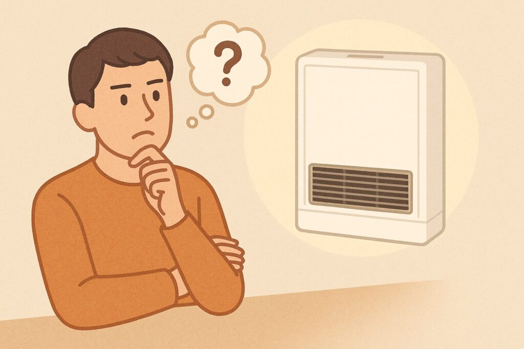 ガスストーブの買い替えを検討しながら、現在の機種を見比べて悩んでいる人のイラスト