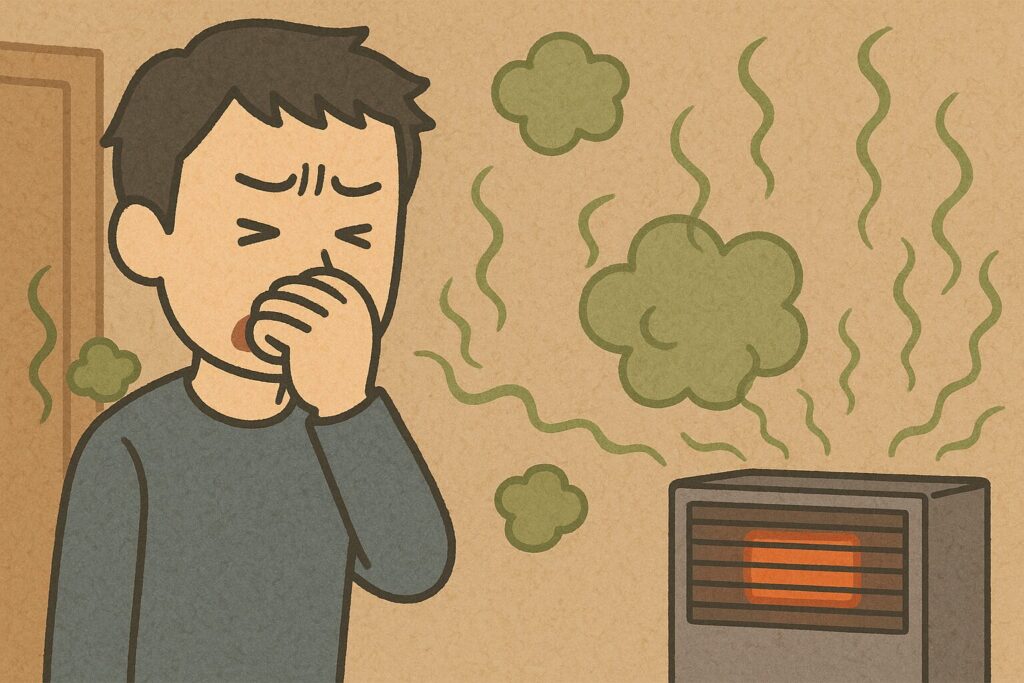 ガスストーブから立ち上るにおいに気づき、鼻を押さえて不快そうにしている人物と、ストーブ周囲に広がるにおいのイメージを描いたイラスト。