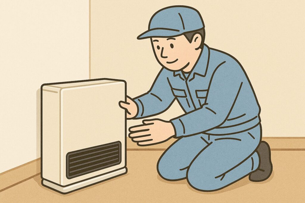 作業員が壁際でガスファンヒーターを素手で交換・設置している様子を描いた横長イラスト。工具は使わず、本体の位置や角度を丁寧に確認している姿が表現されている。