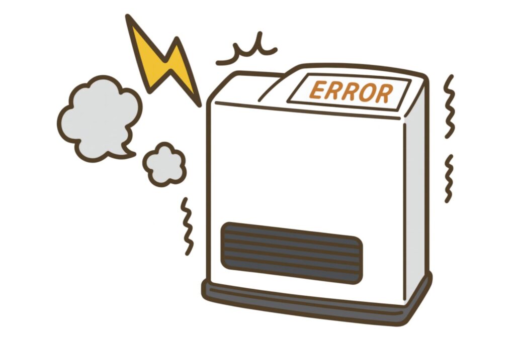 ガスファンヒーターがエラー表示と煙で異常を示している様子を描いたイラストで、故障に戸惑う状況を表現した画像。