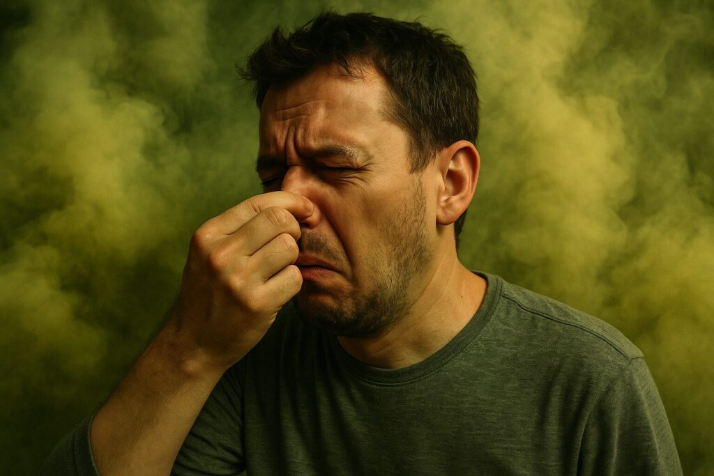 ガスの臭いに気づき、鼻を押さえて不快そうにしている男性の様子。背景にはガス漏れを連想させる黄色がかった煙が広がっている。