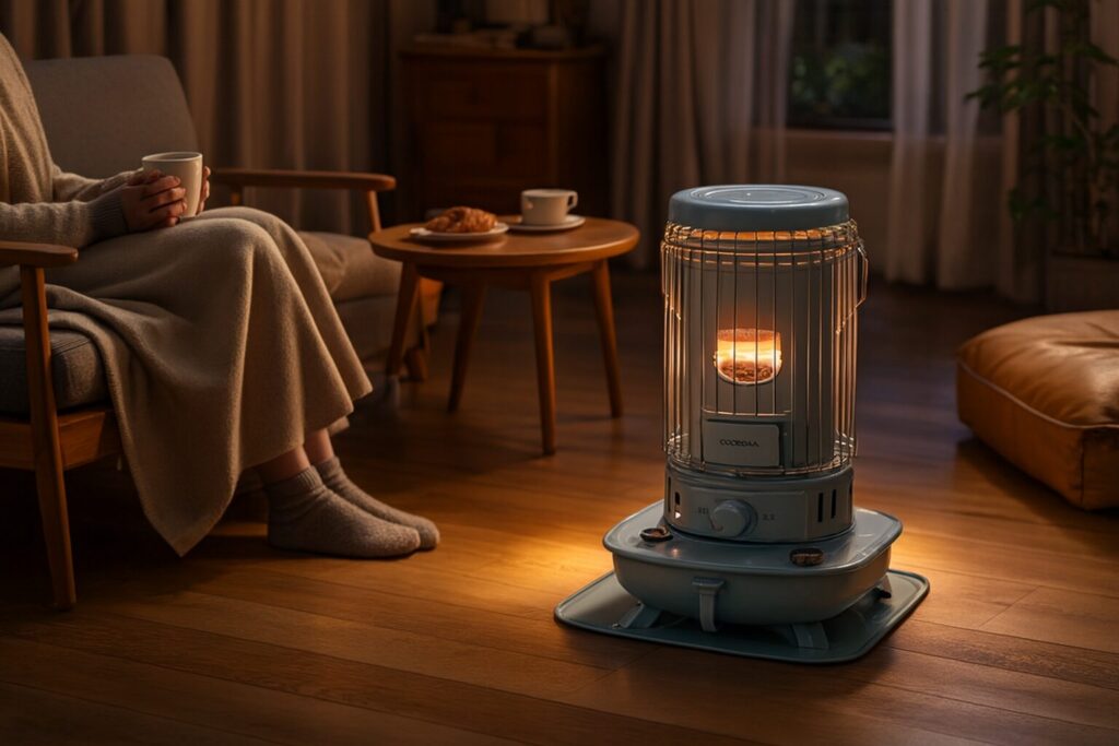 対流式ストーブの柔らかな光に照らされたリビングで、毛布にくるまった人物が温かい飲み物を楽しむ夜の室内風景。