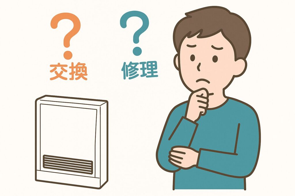故障したガスストーブを前に、交換するべきか修理するべきか悩んでいる男性のイラスト。男性は腕を組みながら考え込む表情で、上部に「交換」と「修理」の文字と疑問符が描かれている。