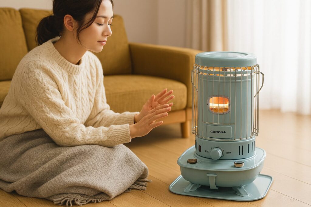 対流式ストーブの前で、座った女性が手を温めながらくつろいでいる様子を描いた室内イメージ。