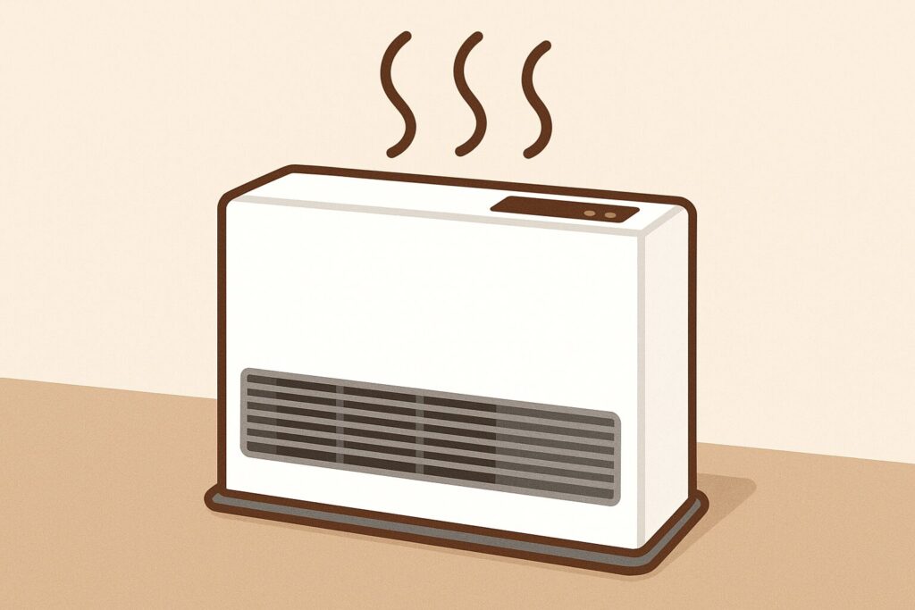 ガスストーブの周囲にゆらめく線が立ち上り、異臭が発生している様子を示したイラスト。床に置かれた暖房機器から臭いが漂っている状況を表現している。