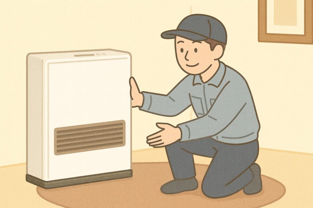 ガスストーブを交換するために本体を壁際へ設置しながら作業している作業員のイラスト