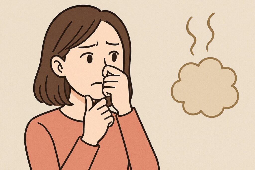 ガスのようなにおいを感じて悩んでいる女性が、鼻を押さえながら不安そうに考えている様子を描いたイラスト。横長構図で背景は落ち着いた色合い。