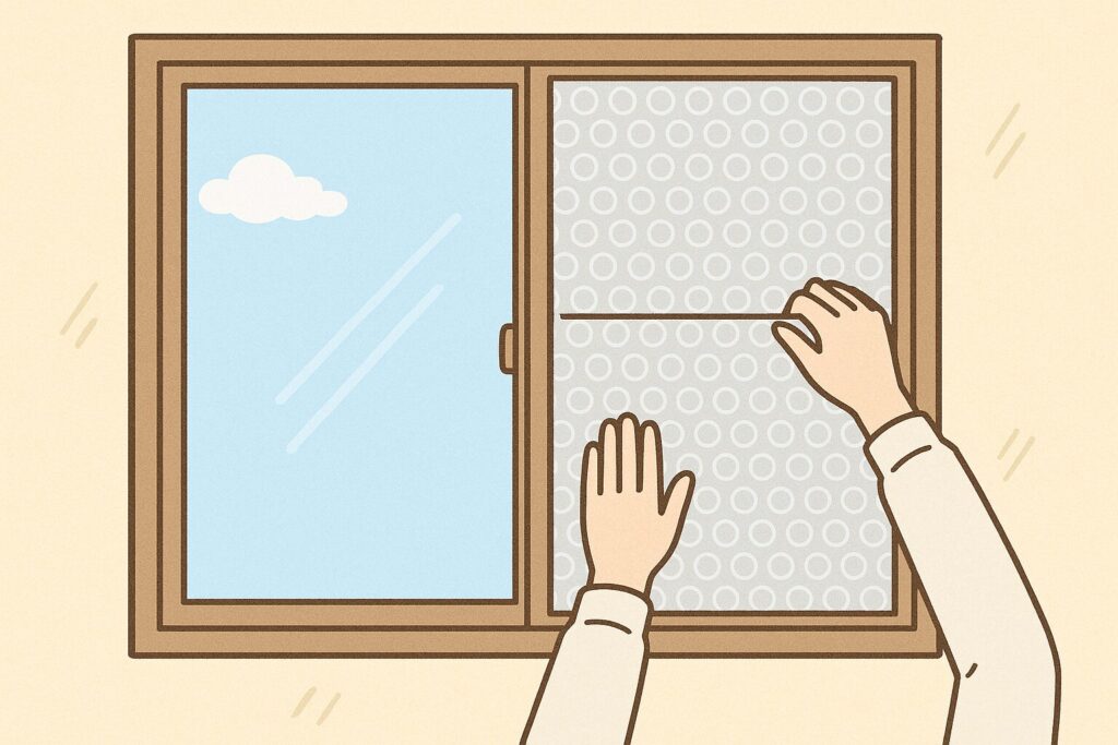 窓ガラスの右側に断熱用のプチプチシートを貼り付けている手元のイラスト。シートはまだ一枚目を貼っている途中で、ガラス面に押し当てている様子がわかる。