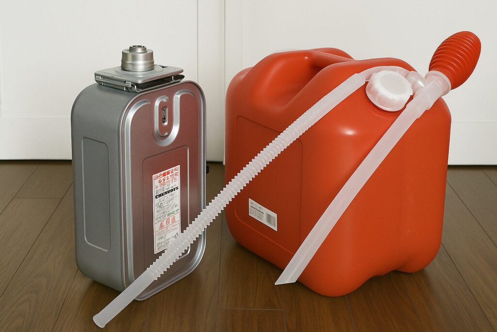 室内の床に置かれた赤いポリタンクと金属製の灯油缶。給油ポンプのホースが接続され、灯油の移し替え準備が整っている様子を示す。