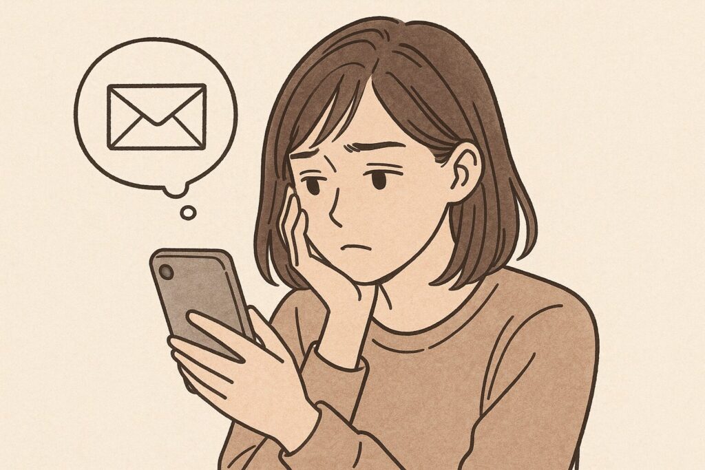 スマートフォンを手に取り、ガス会社に電話をかけるかどうか悩んでいる女性のイラスト。考え込む表情で画面を見つめ、吹き出しには受話器と炎のアイコンが描かれている。