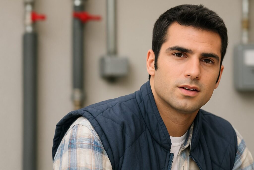 作業用ベストを着た設備工事スタッフが配管設備の前で作業している様子を表現したイメージ