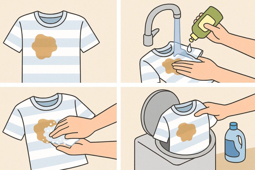 Tシャツについた灯油をぬるま湯で予洗いし、洗剤をつけて手でもみ洗いしてから洗濯機に入れる手順を示したイラスト。