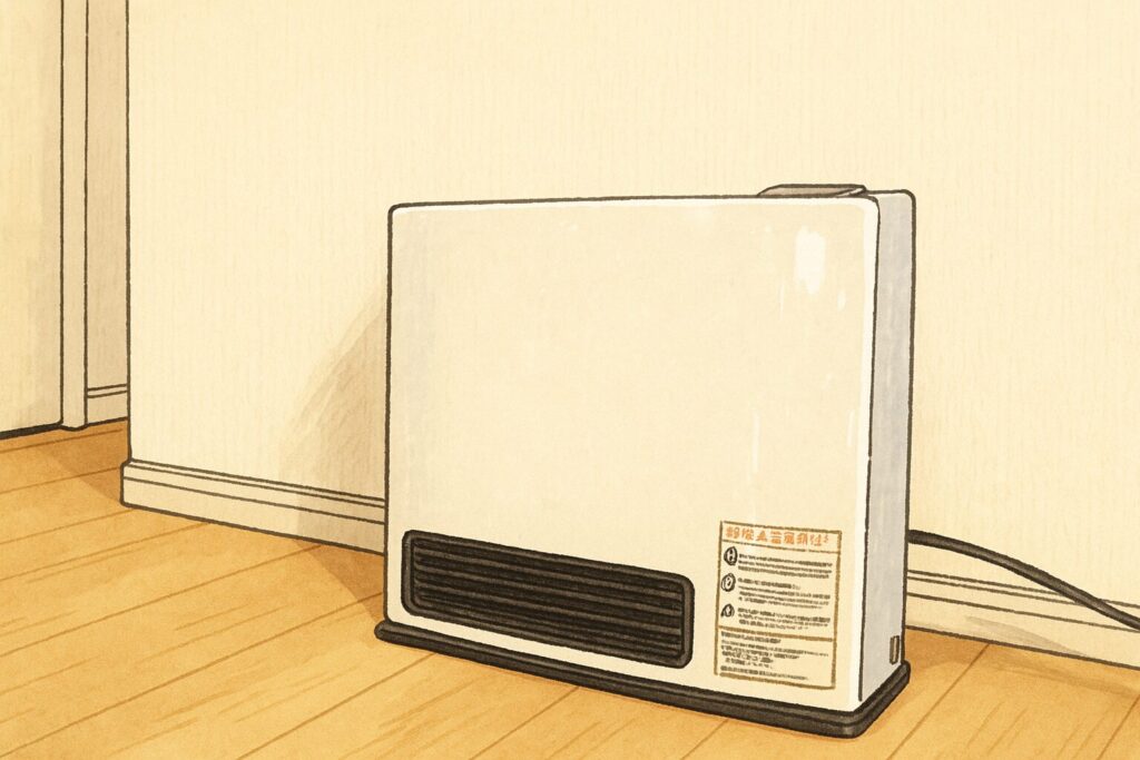 白いガスストーブが室内の壁際に設置されている様子を、柔らかいタッチのイラスト風で描いた画像。床は木目で、壁際にわずかに離してストーブが置かれている。