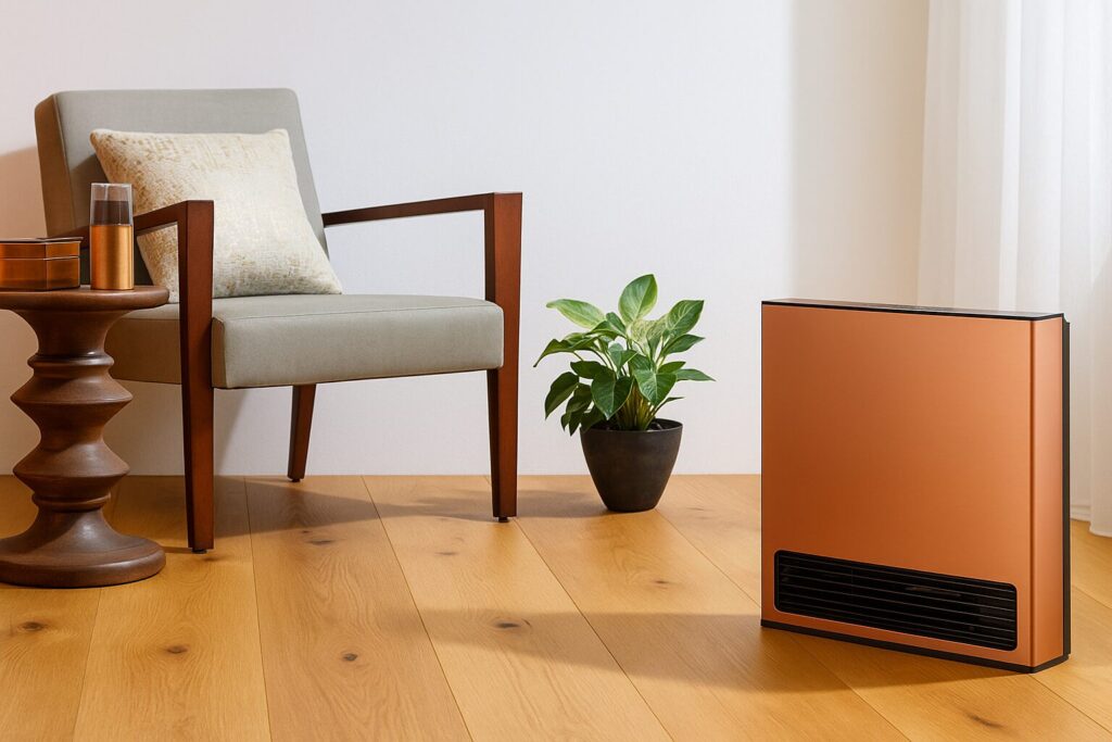 明るい木目フローリングの部屋で、椅子とサイドテーブルの横に観葉植物とスリムなガスファンヒーターが置かれている様子を写した室内イメージ。