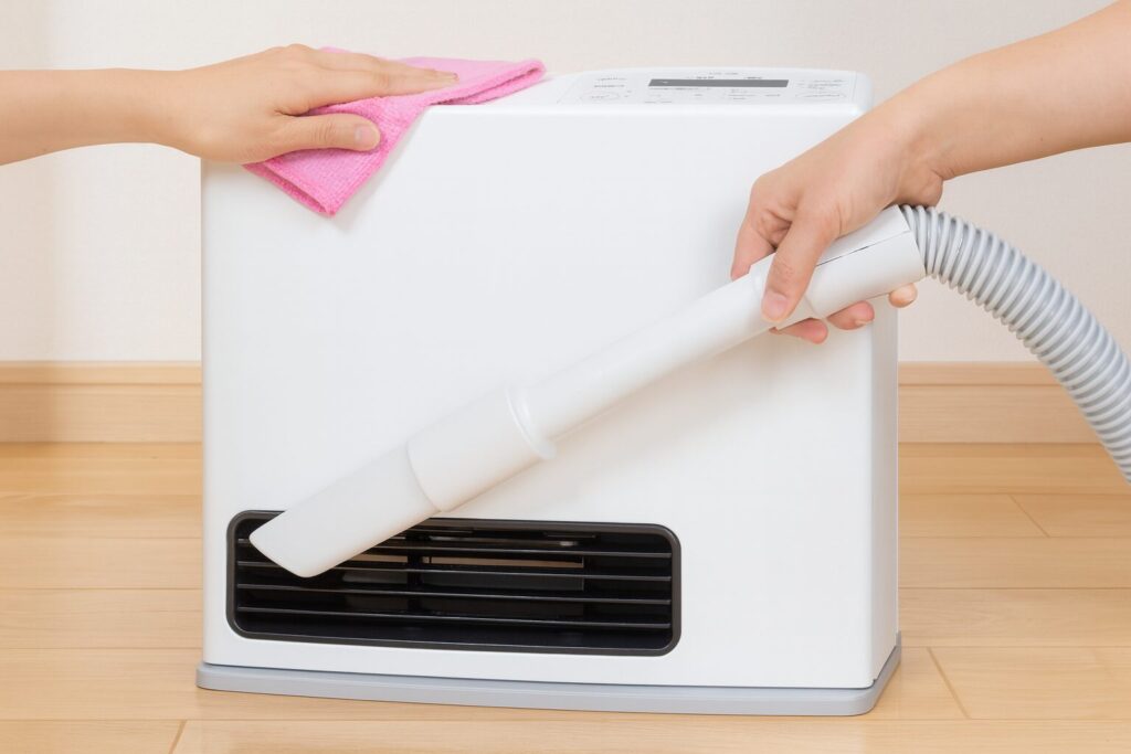 ガスファンヒーターの表面を布で拭きながら、吸気口に掃除機のノズルを当ててホコリを吸い取っている様子がわかるイメージ。