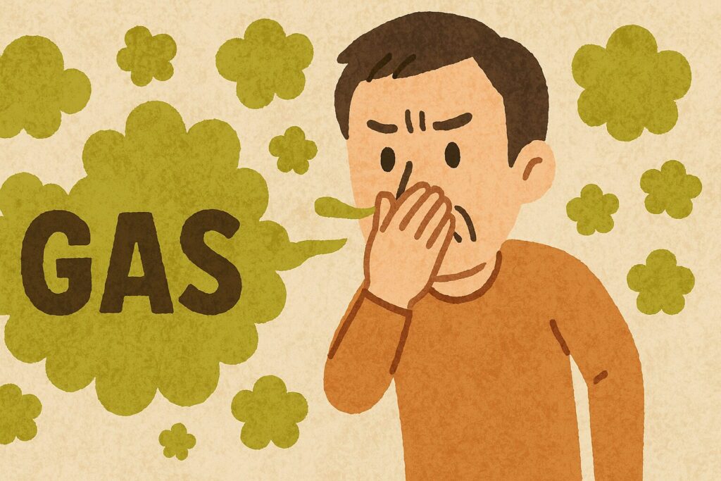 室内でガスのにおいを感じて鼻を押さえる男性が、不安そうに周囲を見回しているイメージイラスト。背景には黄緑色のガスの煙が漂い、異臭への注意喚起を表している。