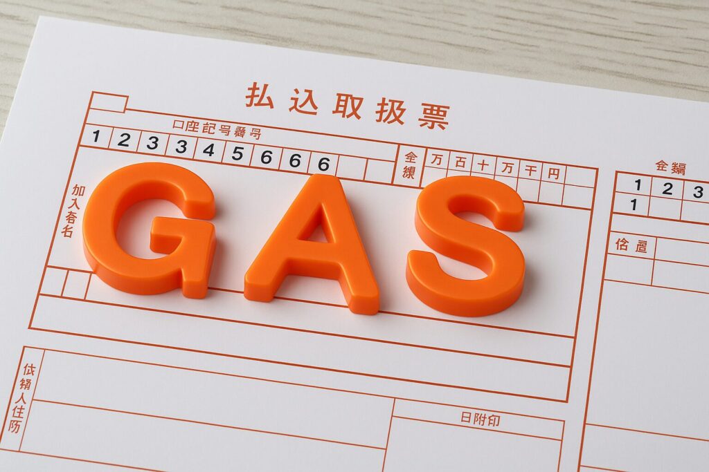 日本の払込取扱票の上にオレンジ色の立体文字「GAS」が置かれている構図。赤い罫線と日本語の印字がはっきり読める用紙で、清潔感のある木目の背景と明るい照明が特徴。