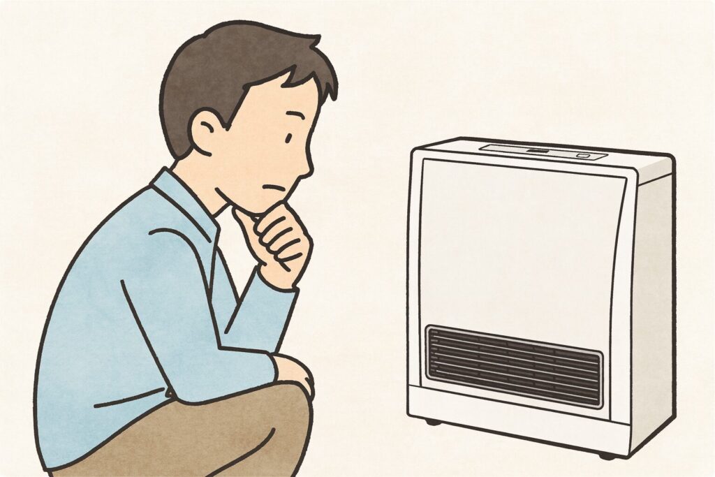 ガスストーブの前でしゃがみ込み、運転状態をじっくり観察している男性のイラスト。前面の吹き出し口や本体形状を確認する様子が、横長構図で描かれている。