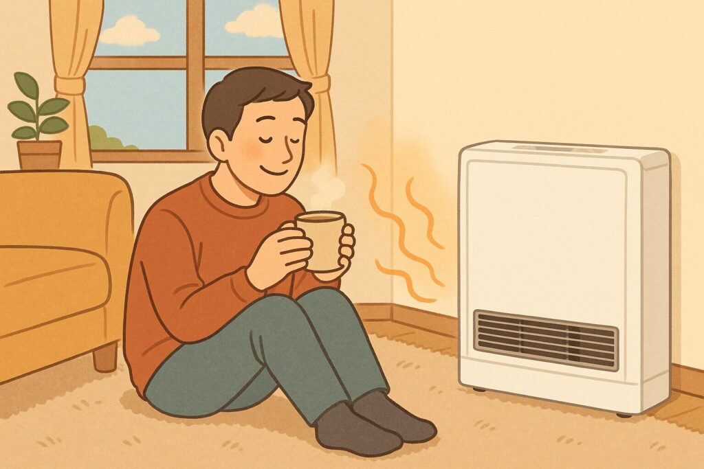 壁際に設置された白いFF式ガスストーブの前で、人物が温かい飲み物を持ってくつろいでいる室内シーンのイラスト。